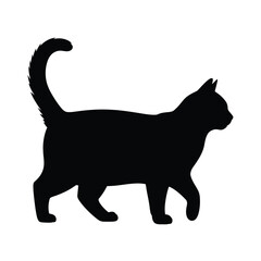 Black Cat Silhouette Walking with Tail Upright on White Background