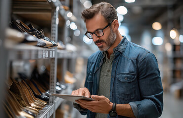A man in his thirties, wearing glasses , is taking shoes from the shelf of an online shop's warehouse. He has something on a paper or tablet that he touches while doing so. 