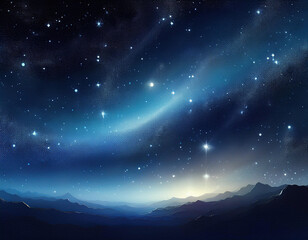 A beautiful night sky with stars and nebulae is visible above a mountain range, creating a stunning background.