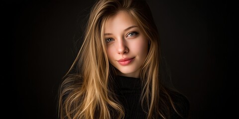 Fototapeta premium Stunning Portrait of a Young Woman with Long Hair Against a Dark Background