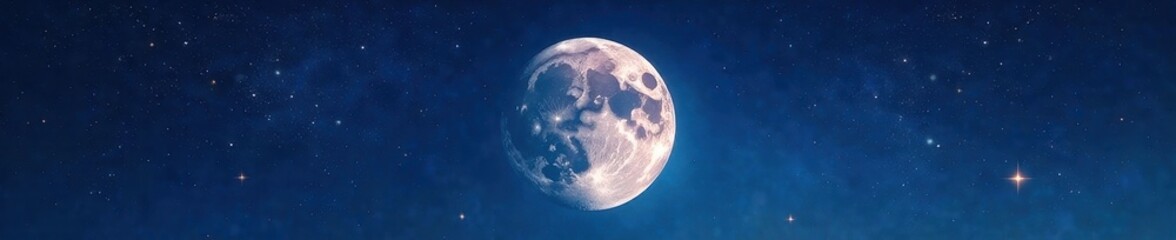 Fototapeta premium Flat vector moon illustration; textured craters, scattered stars , illustration, astronomy