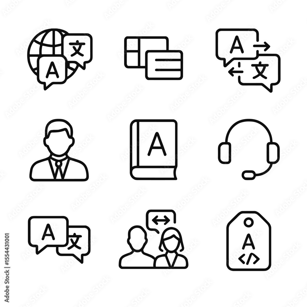 Poster multilingual support icons. outline icon set of multi-language support line: globe with speech bubbl