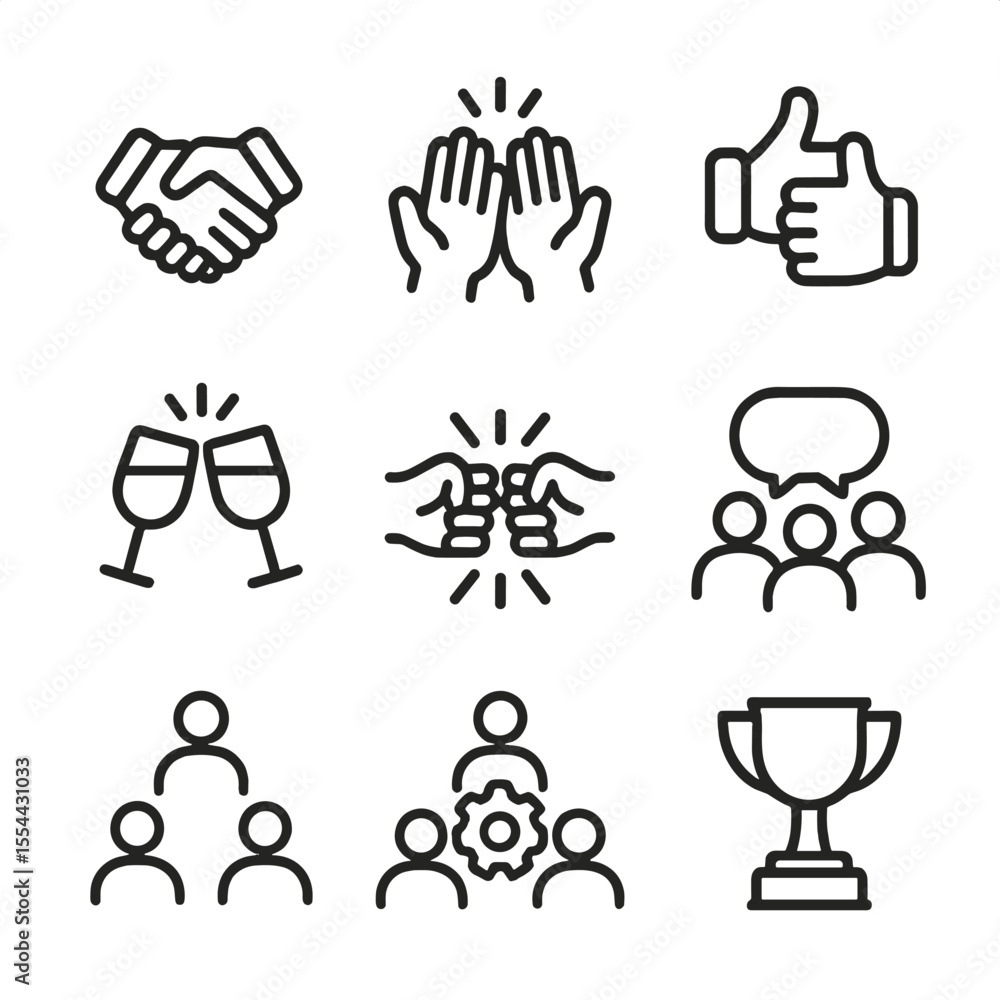Poster multiplayer interaction icons. outline icon set of multiplayer interaction: handshake, high five, th