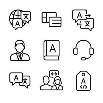 Multilingual Support Icons. Outline icon set of multi-language support line: globe with speech bubbles, language flag icons,