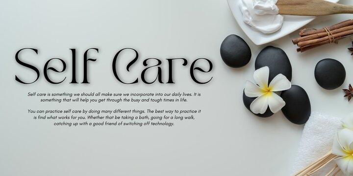 Top-down view of spa essentials including aloe vera, white frangipani, massage stones, and cream on a white surface with an inspiring self-care quote for relaxation and well-being.