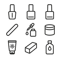 Nail Care Icons. Outline icon set of Nail Care Product Section: nail polish bottle, base coat, top coat, nail file, cuticle oil
