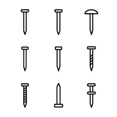 Nail Types Icons. Outline icon set of nail types: finishing nail, common nail, roofing nail, brad, cut nail, spiral nail, ring