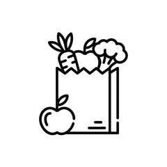 Black and white line art icon of a grocery bag filled with fresh produce