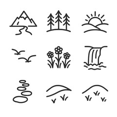 Nature Icon Set. Outline icon set of nature escape: mountain peak, river flow, forest trees, sunset over hills, birds in flight,