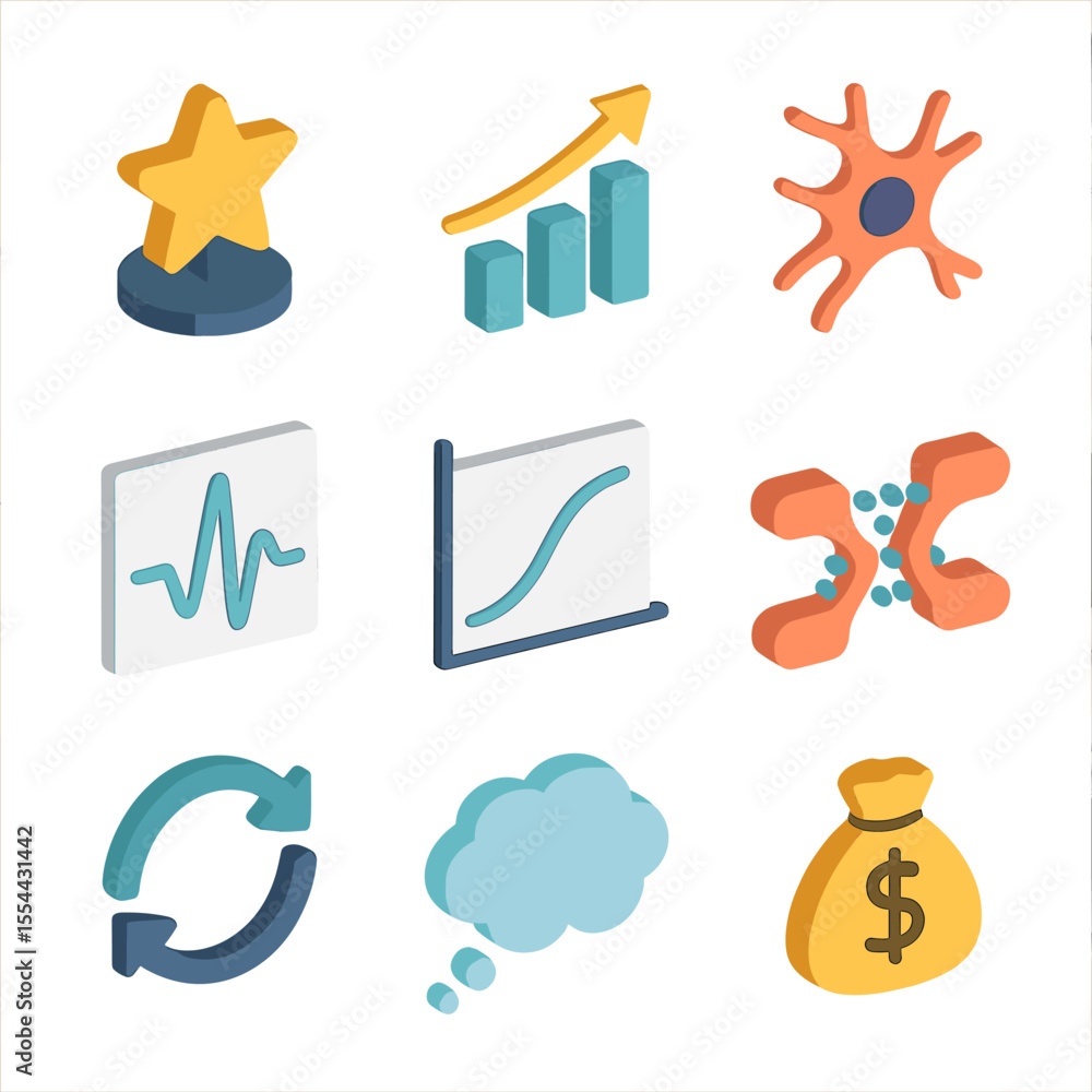 Poster neurotransmitter icon set. isometric flat icon set of reward prediction and error signaling: reward 
