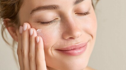 Fototapeta premium Happy young woman applying moisturizing cream to her face for skincare