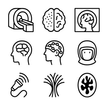 Neural Imaging Icons. Outline icon set of neural imaging techniques: MRI scanner, fMRI brain map, CT scan, PET scan, EEG cap, MEG