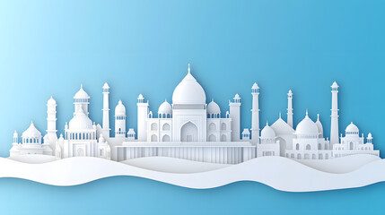 White paper cut illustration of Indian city skyline with Taj Mahal, Hyderabad, Delhi and Mumbai buildings on blue background.
