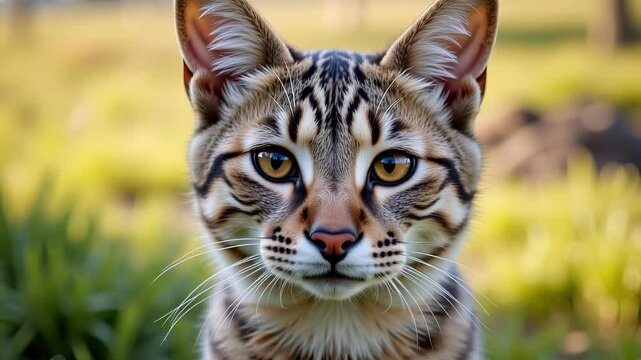 Discover the Pampas Cat a captivating close-up showcases its soft grayish-brown fur, dark spots, wide-set eyes, and short muzzle in its natural grassland habitat