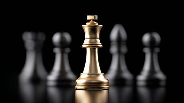 The checkered board features a golden chess king standing out prominently, with smaller pawns surrounding it, all set against a dark backdrop, representing the strategic and hierarchical nature of
