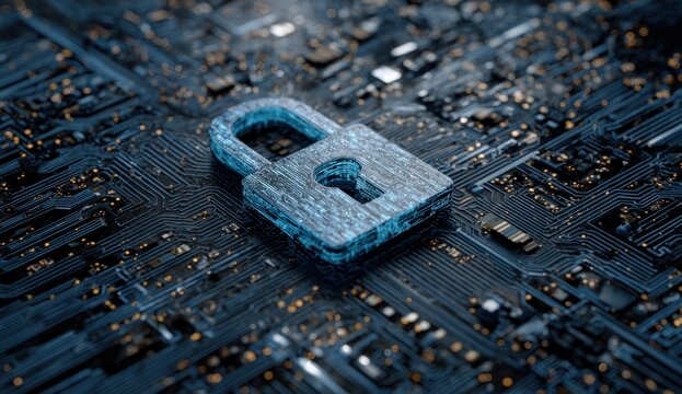A luminous digital padlock secures sensitive information on an intricate electronic circuit board.