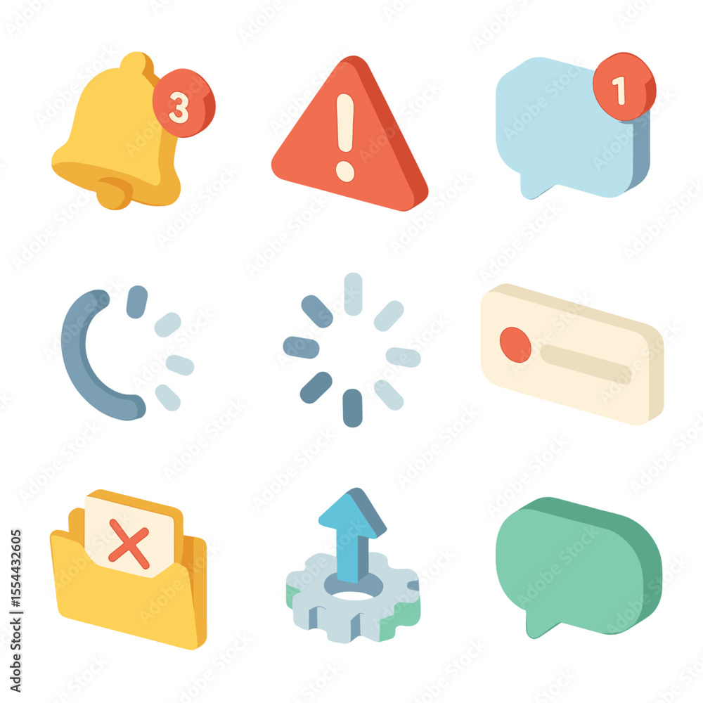 Poster notification icon grid. isometric flat icon set of notification overload: notification bell, alert p