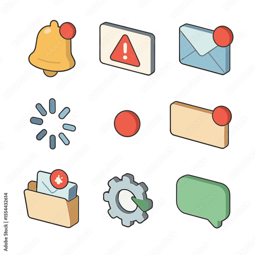 Poster notification icon grid. isometric flat icon set of notification overload: notification bell, alert p
