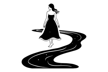 A woman in a dress walking on a dark winding path with stars in black and white