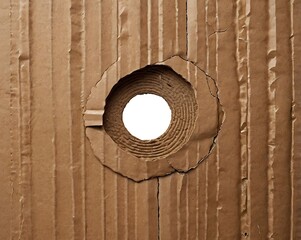 Abstract Close-Up of Damaged Cardboard with Circular Hole for Textural Background and Design Element