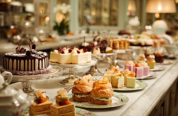 Naklejka premium A magnificent spread of exquisite cakes and pastries showcasing a luxurious dessert buffet in an elegant setting.