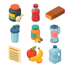 Obraz na płótnie Canvas Nutrition Icon Set. Isometric Flat icon set of nutrition and supplements: protein powder jar, pre-workout drink, protein bar,