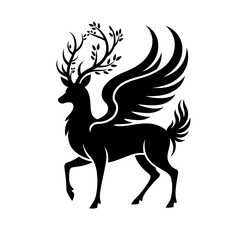 Silhouette of a winged deer with leafy antlers in a black and white design