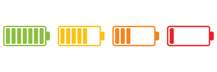 Battery charge flat icons in multiple colors. Battery charging, charge indicator. Vector icon of a fully charged battery. Vector Illustration . EPS 10 . 