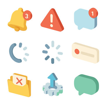 Notification Icon Grid. Isometric Flat icon set of notification overload: notification bell, alert popup, unread message badge,