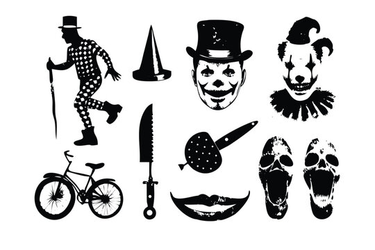 Dark Circus Grunge Halftone Icon Pack. Creepy Vintage Sideshow Vector Set. Gritty Horror Poster Illustration Style