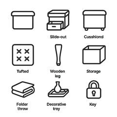 Ottoman Icon Collection. Outline icon set of ottoman storage boxes: ottoman lid, slide-out compartment, cushioned top, tufted