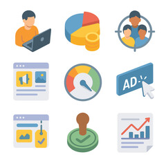 Paid Social Ad Icons. Isometric Flat icon set of Paid Social Advertising: ad campaign manager, budget allocation chart, target
