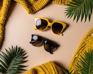 Flat Lay of Yellow Sunglasses and Knitted Sweater with Palm Leaves on Beige Background for Summer Aesthetic