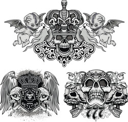 set, gothic sign with skull, grunge vintage design t shirts