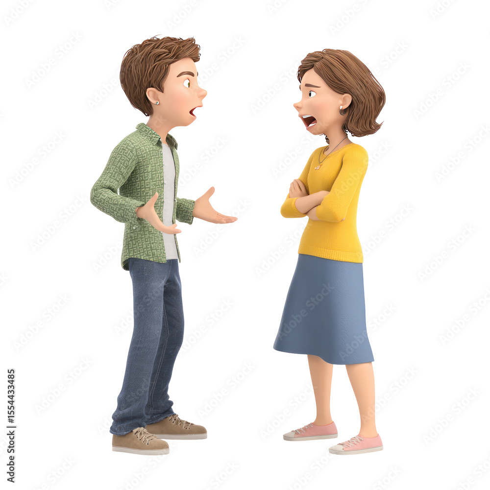 Poster animated characters in a lively discussion, depicting emotions and expressions in a casual setting, 