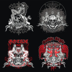 set, gothic sign with skull, grunge vintage design t shirts
