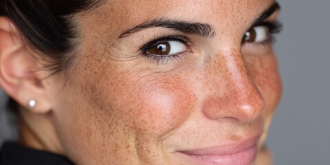 Obraz premium Close-Up Portrait of a Smiling Woman with Freckles and Warm Expression