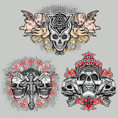 set, gothic sign with skull, grunge vintage design t shirts

