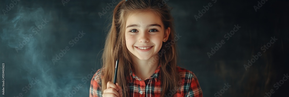 Poster cheerful elementary school student smiling while holding a pen in front of a dark chalkboard, eagerl