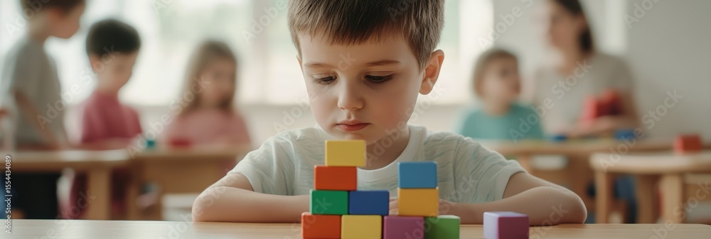 Fototapete preschool boy concentrating on building a tower with colorful wooden blocks, developing fine motor s