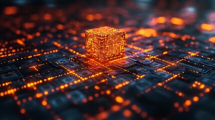 Glowing orange cube on technological circuit board