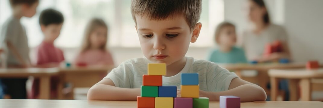 Preschool boy concentrating on building a tower with colorful wooden blocks, developing fine motor skills and problem solving abilities in a kindergarten classroom setting