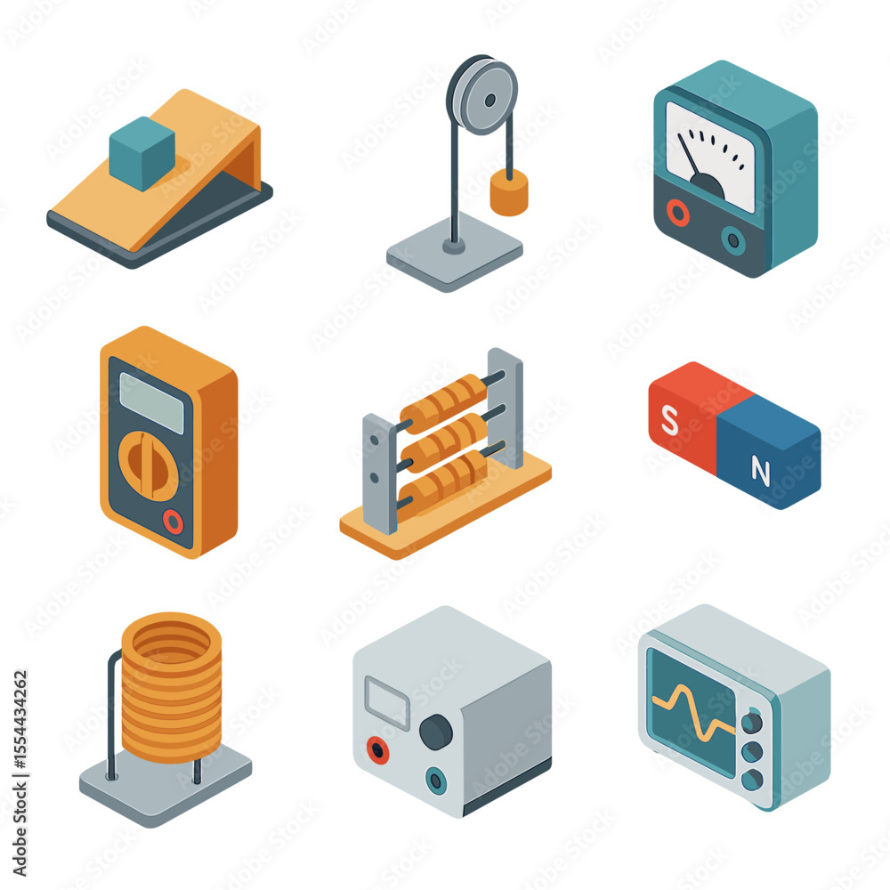 Poster physics experiment icons. isometric flat icon set of physics experiment setup: inclined plane, pulle