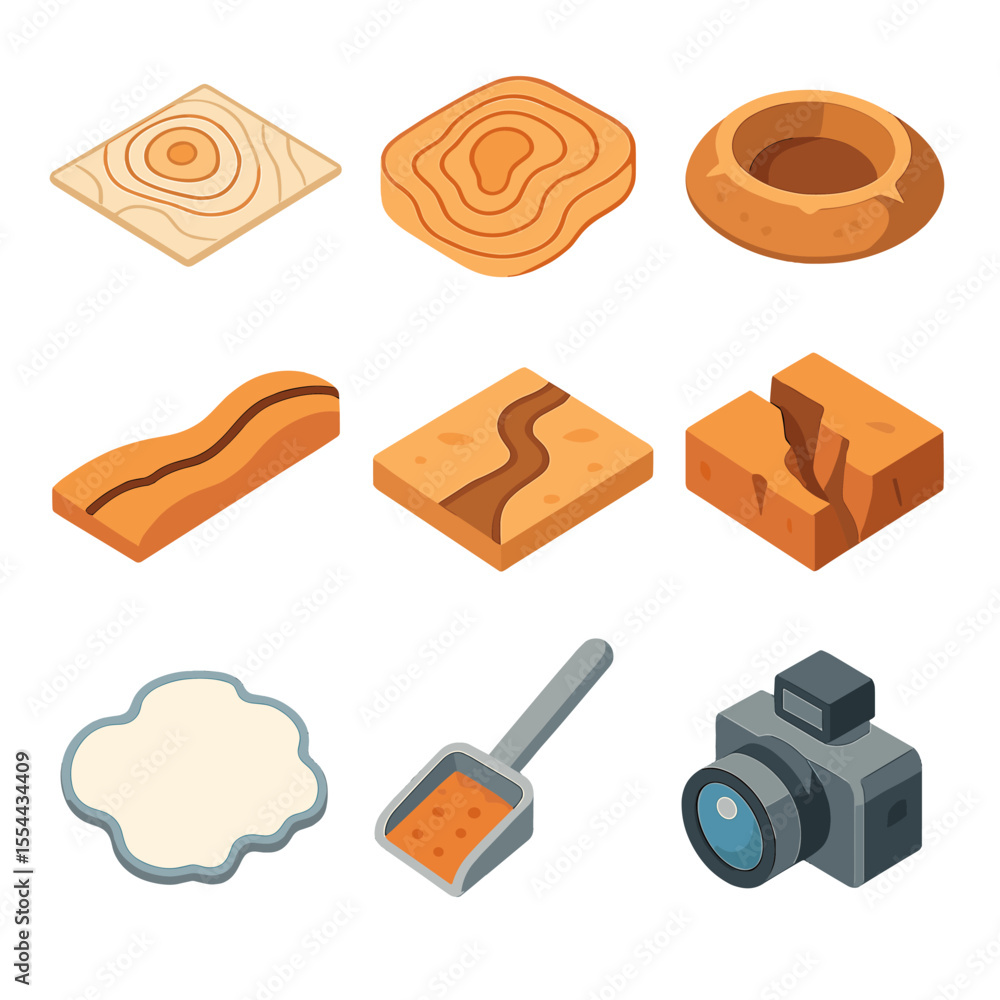 Poster planetary mapping icon set. isometric flat icon set of planetary surface mapping tools: topographic 