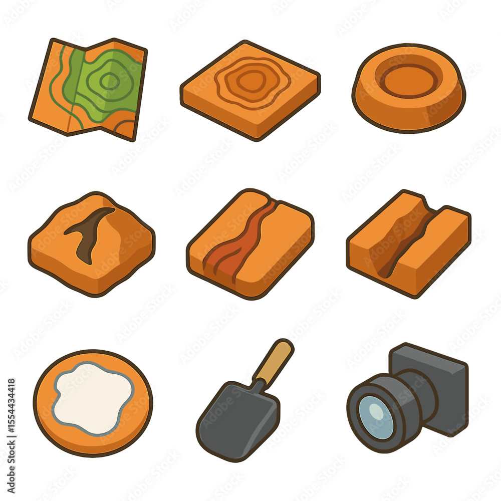 Poster planetary mapping icon set. isometric flat icon set of planetary surface mapping tools: topographic 