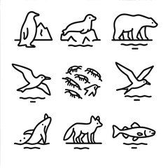 Fototapeta premium Polar Wildlife Icons. Outline icon set of polar wildlife near icebergs: penguin silhouette, seal resting, polar bear, albatross
