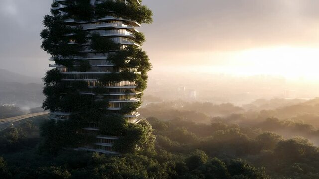 A stunning modern skyscraper integrates nature with its unique design, enveloped in lush greenery. This extraordinary structure rises majestically against a serene sunrise