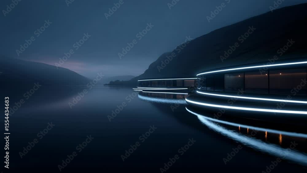 Poster modern architecture illuminated by soft lighting along tranquil waters at dusk in serene nature sett