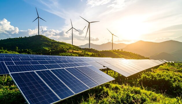 Wind turbines and solar panels on green hills show a clean energy landscape at daytime, ecology