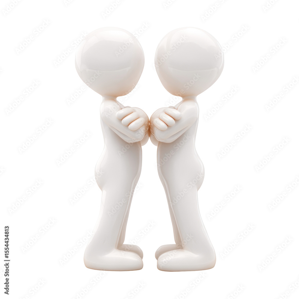 Poster two neutral characters facing each other with hands crossed in a symbolic representation of communic